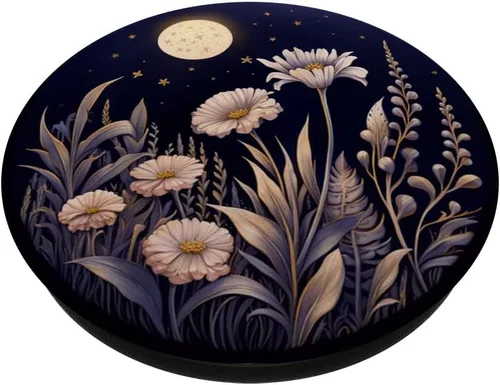 Vista 2 de PopSockets de flores silvestres con diseño floral de luna boho sobre fondo azul oscuro