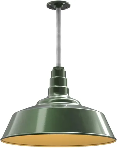 Vista 84 de Steel Lighting Co. Manhattan Warehouse Light Colgante montado en el techo Cúpula de 20 pulgadas vástago de 12 pulgadas Luz de granero