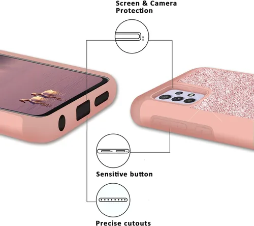 Vista 5 de TJS - Funda compatible con Samsung Galaxy A32 5G (oro rosa) with Tempered Glass Screen Protector Glitter Bling Cute Girls Women Design Dual Layer