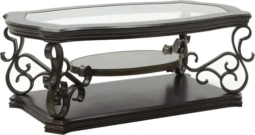 Vista 4 de SSLine Mesa auxiliar de madera vintage, elegante mesa de cóctel rectangular curvada con parte superior de vidrio templado y estante de mármol, mesas