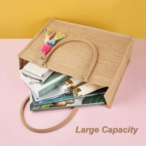 Vista 3 de FITDON Jute Canvas Tote Bag Women, Large Jute Bag Beach Bag Foldable Waterproof Shopping Bags Handbag for Picnic Travel Beach