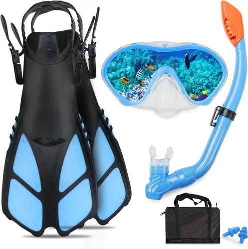 Vista 13 de Juego de esnórquel para niños – Aletas ajustables + máscara de esnórquel panorámica + tubo de esnórquel seco + bolsas de viaje – Adecuado para niños