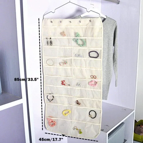 Vista 2 de Bolsa organizadora de joyas colgante (40 bolsillos) y 20 ganchos de cinta mágica para almacenamiento en el armario para viajes portátiles, anillos