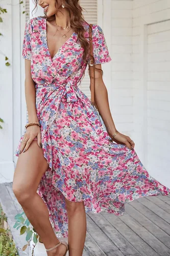 Vista 5 de PRETTYGARDEN - Vestido floral para mujer estilo bohemio, cruzado, con cuello en V, manga corta, con cinturón, dobladillo con volantes, acampanado