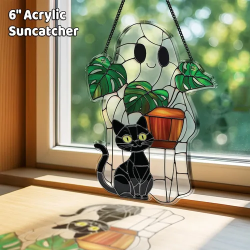Vista 2 de 2 bonitos atrapasoles de decoración de Halloween, 6 pulgadas, espeluznante planta fantasma, para colgar en la ventana, fantasma con gato negro