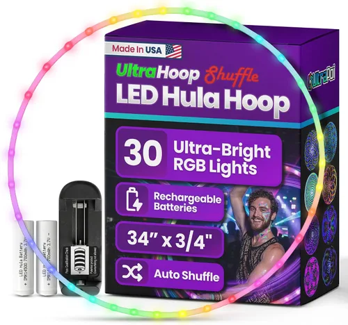 Vista 12 de UltraHoop Shuffle LED Hoop – Aro LED inteligente con cambio de color automático y más de 100 patrones de luz – Recargable, plegable, juguetes
