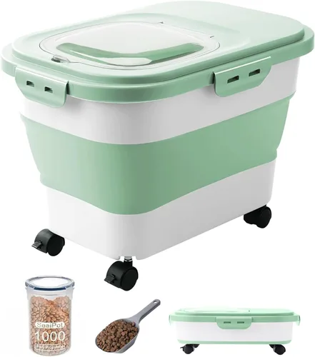 Vista 9 de Contenedor de almacenamiento de alimentos para perros de 20 a 23 libras, contenedor plegable para alimentos para perros con ruedas y cuchara