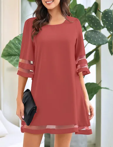 Vista 6 de LookbookStore - Vestido estilo túnica para mujer, holgado, con mangas 34 acampanadas con panel de malla, cuello redondo