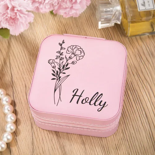 Vista 4 de callie Joyero personalizable con diseño de flor de nacimiento, regalo personalizado, pequeño joyero, organizador de viaje, organizador de viaje
