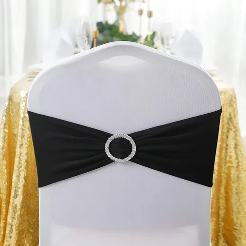 Vista 3 de Peomeise - 25 bandas elásticas de elastano negro para sillas con hebilla deslizante, para decoración de bodas y fiestas