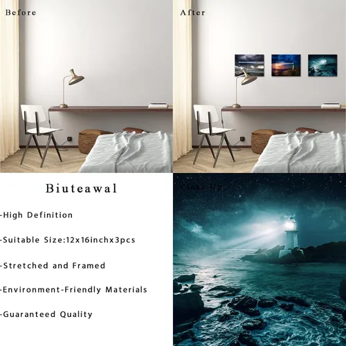 Vista 6 de Biuteawal Arte de pared de faro, pintura de tormenta, mar, océano, paisaje, naturaleza, relámpago, obras de arte en lienzo con vista de playa