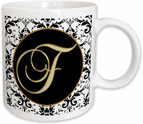Vista 9 de 3dRose Image of The Script Letter F in Black White and Gold 11oz Two-Tone Black Mug