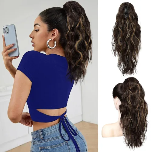 Vista 19 de FLUFYMOOZ Extensión de cola de caballo, extensión de cola de caballo con clip de garra de 18 pulgadas, extensiones de cabello ondulado y rizado