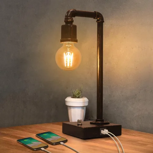 Vista 9 de Lámpara de mesa industrial para dormitorio, lámpara de noche completamente regulable con puertos USB C+A, lámpara vintage con diseño de tubo