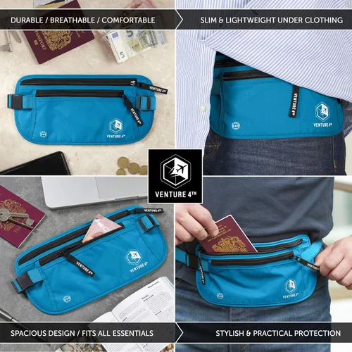 Vista 4 de VENTURE 4TH Cinturón de dinero de viaje, soporte delgado para pasaporte, bolsa de viaje con bloqueo RFID para proteger efectivo, tarjetas de crédito