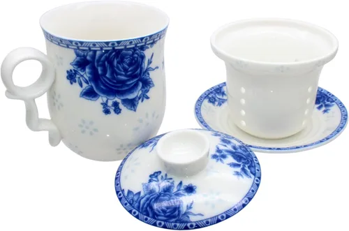 Vista 5 de Taza de té de porcelana con tapa de infusor y juegos de platillos – Taza de café de cerámica china Jingdezhen Taza de té de hoja suelta Sistema