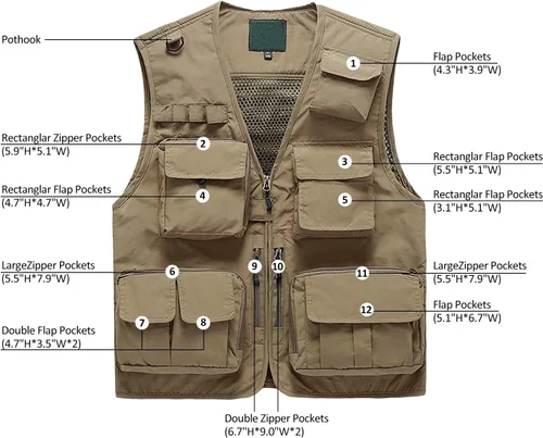 Vista 5 de Pishon - Chaleco de pesca para hombre de verano al aire libre, de secado rápido, informal, ligero, con varios bolsillos
