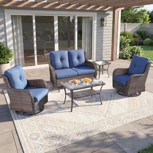 Vista 12 de Rilyson Sofá de mimbre para patio al aire libre, capacidad de peso de 900 libras, sofá grande de mimbre de 3 plazas con cojines de asiento de 4