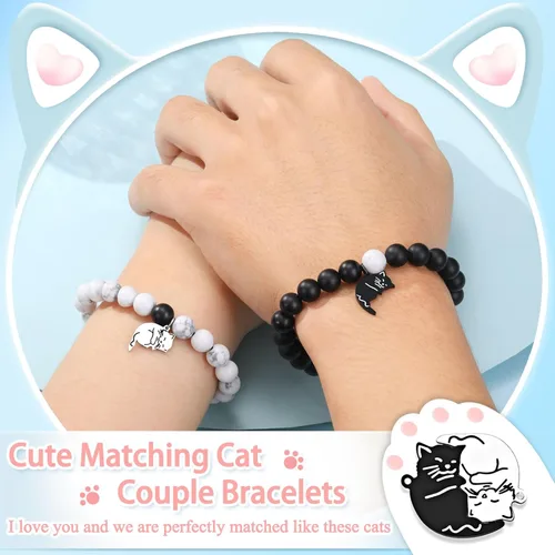 Vista 2 de UNGENT THEM Pulseras a juego con diseño de gato lindo para parejas, regalo de Navidad, aniversario, cumpleaños, "I Love You", para mujeres y hombres