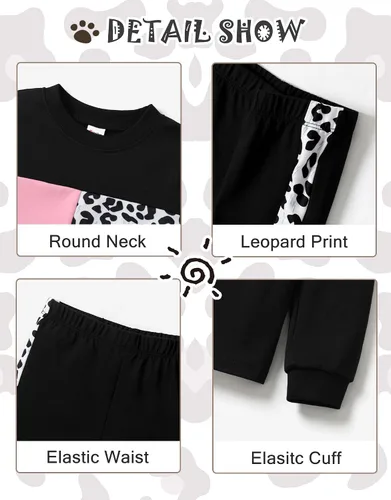 Vista 4 de PATPAT Conjunto de 2 piezas para niñas, camiseta de bloque de color de leopardo, camiseta de cuello redondo, leggings negros, pantalones deportivos