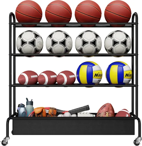 Vista 7 de Basketball Rack, Rolling Sport Equipment Holder Ball Storage Cart for Basketball, Football and Soccer, Suitable for Indoor and Outdoor, Black