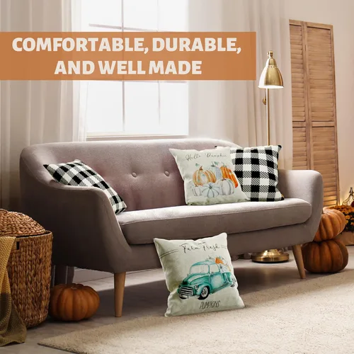 Vista 3 de Fundas de almohada de otoño de 18 x 18 pulgadas – Cuatro fundas de almohada modernas con diseño de granja a cuadros – Estos detalles de decoración