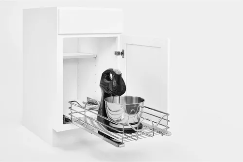 Vista 2 de Rev-A-Shelf Organizador individual de acero extraíble para gabinetes de cocina y baño, cesta de almacenamiento de alambre con cierre suave, cromo