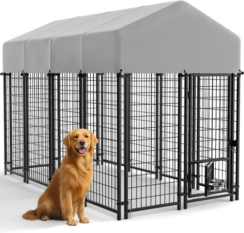 Vista 8 de Greesum - Perrera grande para exterior de perros, con valla de alambre soldado resistente de acero, con cerradura segura/cubierta de techo