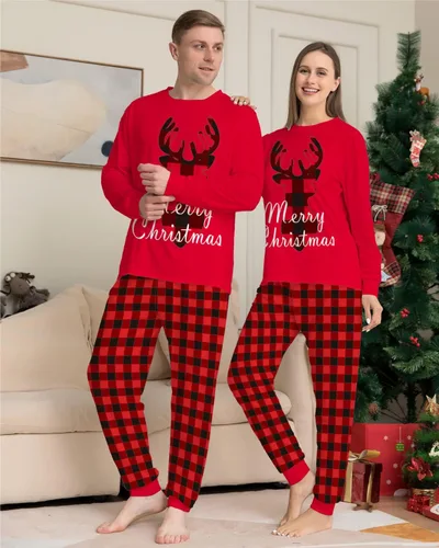 Vista 4 de Azuki Conjunto de pijama de Navidad a juego de 2 piezas de manga larga para parejas