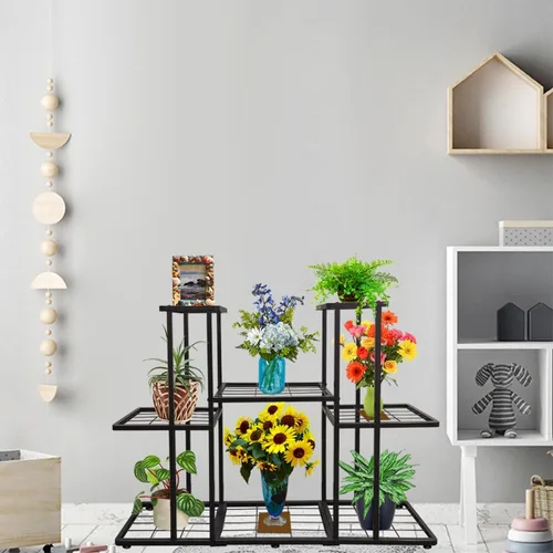 Vista 3 de MTB Garden Soporte grande de metal para plantas de 3 niveles y 8 macetas para interiores y exteriores, estante para macetas, color gris carbón