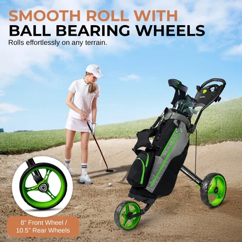 Vista 2 de JOVIAL Foldable 3 Wheel Junior Golf Push Cart, Lightweight Aluminum Pull Cart with Deluxe Scorecard Holder, Adjustable Handle, Quick Brake System