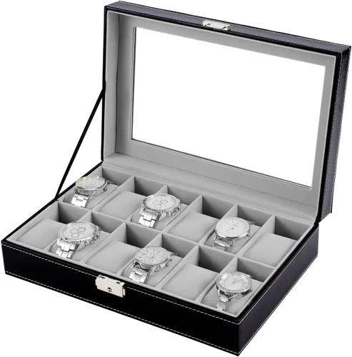 Vista 4 de Caja de reloj con 12 ranuras para reloj, organizador con parte superior de cristal, caja de almacenamiento de reloj negra para hombres y mujeres
