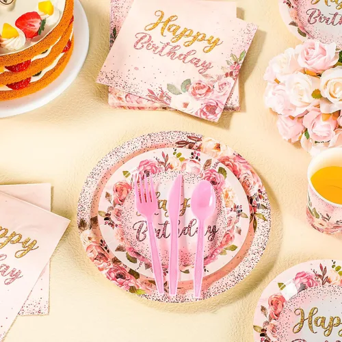 Vista 6 de Roshtia 175 piezas de suministros florales para fiesta, sirven a 25 invitados, juegos de vajilla de rosa de feliz cumpleaños para adultos y mujeres