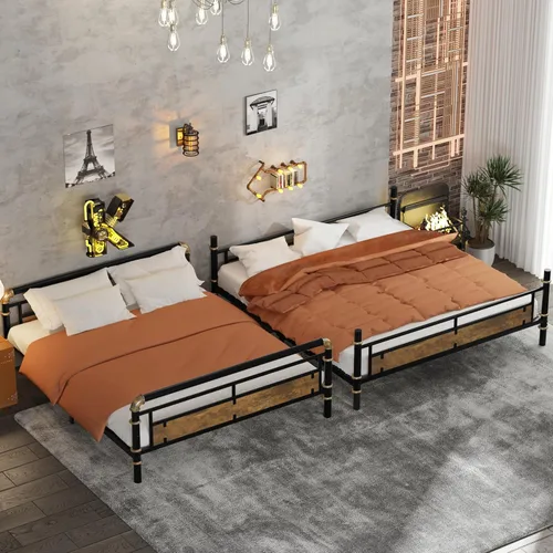 Vista 5 de KEIKI Litera desmontable de metal tamaño matrimonial XL con escaleras, cabecera de MDF y barandilla, literas modernas con listones sólidos,