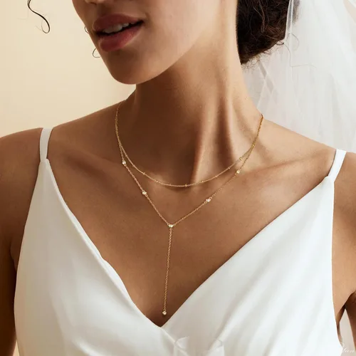 Vista 5 de Collar de oro para mujer, delicados collares largos chapados en oro de 14 quilates, barra de graduación, collar de lariat de circonita cúbica