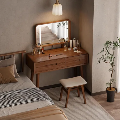 Vista 12 de Tocador de madera maciza con espejo y luces, brillo ajustable, tocador de maquillaje de madera con 3 cajones, semiensamblado, escritorio de tocador