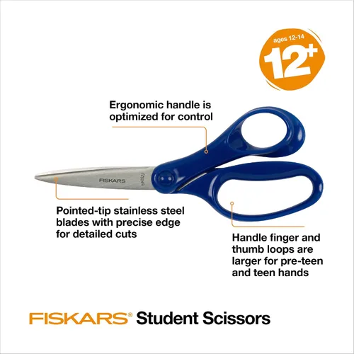Vista 3 de Fiskars Tijeras para estudiantes de 7 pulgadas para niños de 12 a 14 años, tijeras para la escuela o manualidades, suministros de regreso a