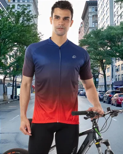 Vista 4 de ROTTO Camiseta de ciclismo de manga corta para hombre, color degradado, serie Pro con bolsillo trasero con cremallera, L