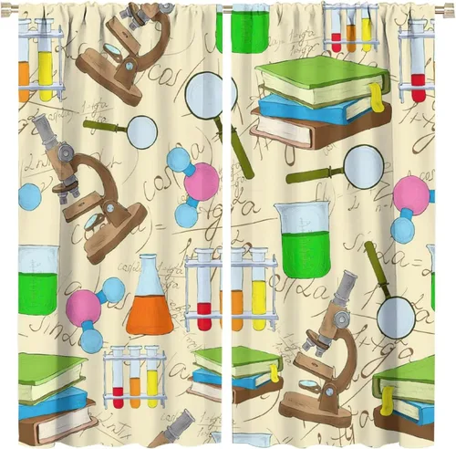 Vista 81 de Cortinas opacas para ventanas de ciencia para niños, lupa de libro de laboratorio de ciencia, lupa, frascos moleculares, cortinas impresas