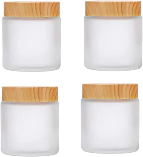 Vista 6 de 4 tarros de vidrio redondos de 3.53 oz con tapas de grano de madera, recipientes vacíos recargables para cosméticos, tarros para loción, crema Negro