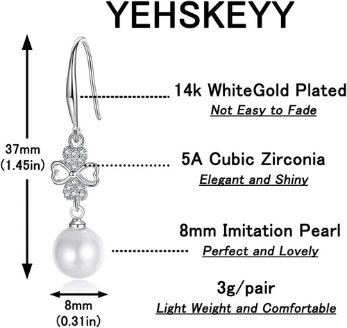 Vista 6 de 925 Sterling Silver Pearl Earrings for Women Dangle Pearl Drop Earrings Huggie Gifts for Girls Mother Her
