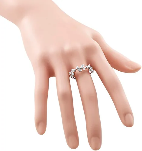Vista 3 de Lavencious - Anillo de compromiso de plata esterlina 925 en forma de rama de olivo ondulada con piedras de circonita cúbica transparente