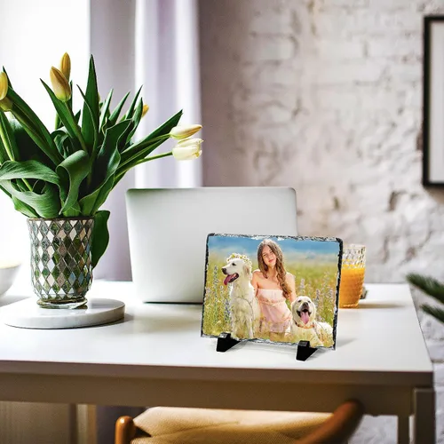 Vista 5 de 6 paquetes de pizarrón en blanco para sublimación, lámina de transferencia térmica de piedra para marco de fotos de sublimación DIY con soporte