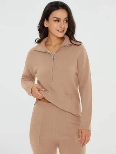 Vista 6 de DEEP SELF Conjunto de dos piezas de suéter para mujer, de manga larga, con media cremallera, pantalones deportivos con bolsillos