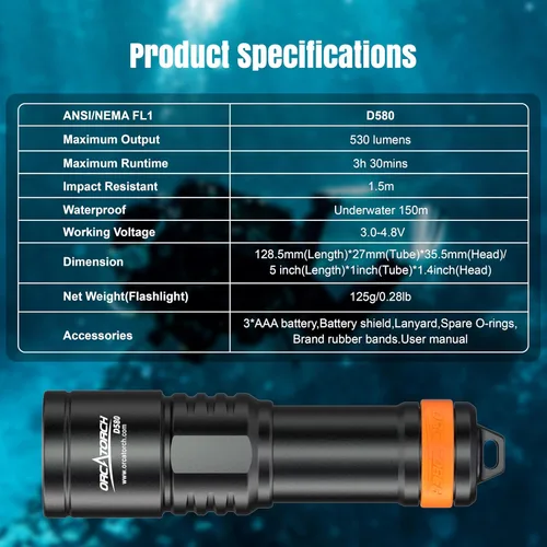 Vista 9 de ORCATORCH Luz de buceo D580, linterna subacuática máxima de 530 lúmenes con haz estrecho de 6 grados, interruptor giratorio impermeable IP68
