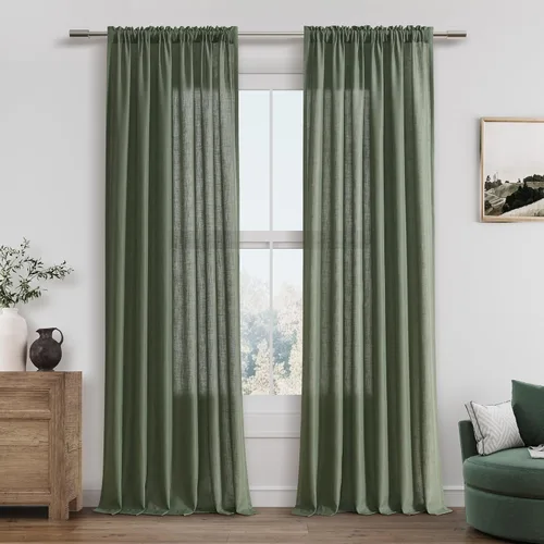 Vista 55 de Cortinas de lino verde aguamarina de 84 pulgadas de largo, juego de 2 paneles semitransparentes con bolsillo para barra para comedor, decoración