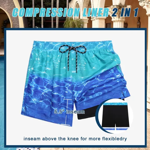 Vista 3 de COOFANDY Traje de baño para hombre con forro de compresión 2 en 1, traje de baño corto de secado rápido