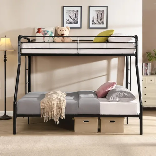 Vista 2 de Litera individual sobre matrimonial, litera de metal con escaleras, protector de seguridad, sin ruido para dormitorio pequeño, color negro