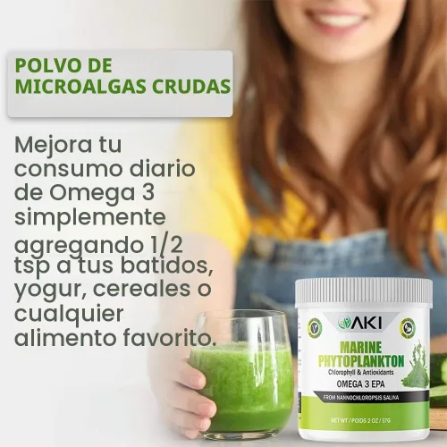 Vista 3 de AKI Marine Phytoplancton Powder - Omega3, vitamina B, clorofila 2oz/57g Fuente de nanocloropsis de microalgas crudas omega-3 EPA, proteínas a base