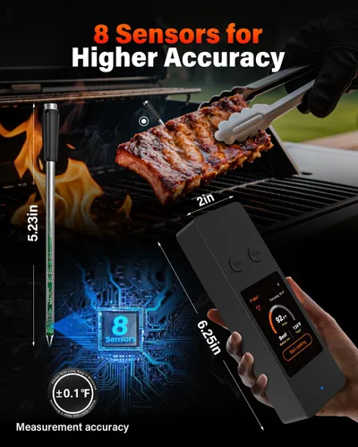 Vista 10 de Termómetro inalámbrico para carne con Bluetooth y aplicación, pantalla táctil, alarma audible, 2 sondas, alcance de 800 pies y base recargable